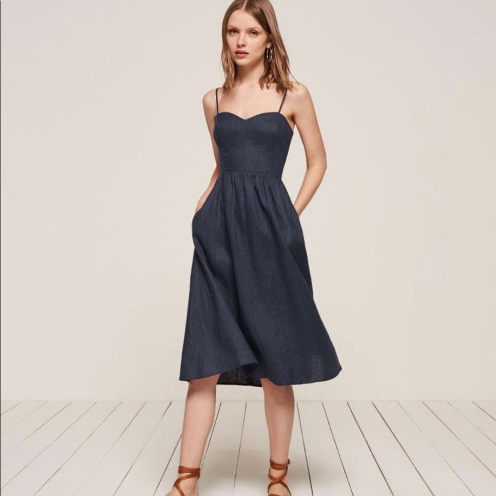 Reformation Navy Linen Olivia Midi Dress with Pockets sz 2